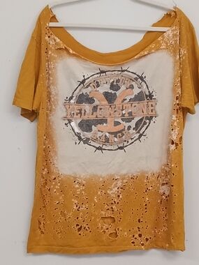 Upcycled Distressed Off Shoulder Holey Short Sleeve Yellowstone Graphic Tee XL